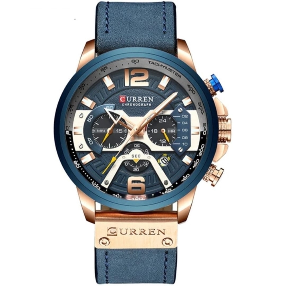 Men's Chronograph Watch - Blue Leather Strap, Rose Gold Accents, Tachymeter Dial
